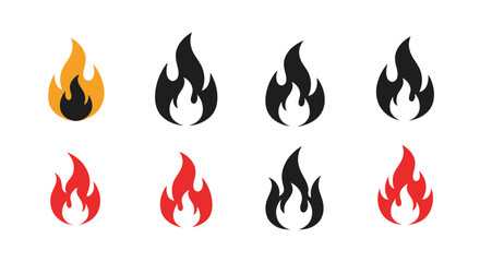Collection of stylized fire flame icons in various colors and styles for graphic design projects