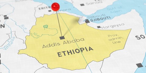 Naklejka premium Ethiopia, Addis Ababa - push pin on political map - 3D illustration