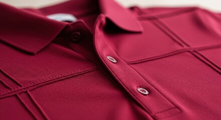 Classic men's apparel featuring a close-up of a stylish burgundy polo shirt with a textured grid pattern and collar detail.