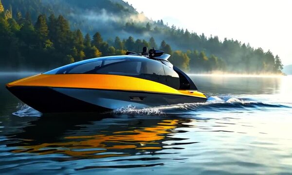 A modern speedboat with a black, orange, and white color scheme, cruising on calm water near a forested area. The boat has a futuristic design with a streamlined shape and large windows.