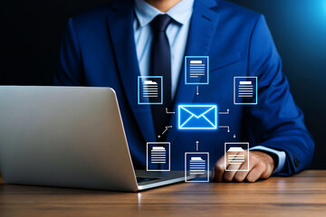 Businessman using laptop with digital email communication concept for business correspondence