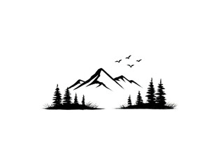 Black and white mountain landscape drawing, a serene nature scene with majestic peaks trees