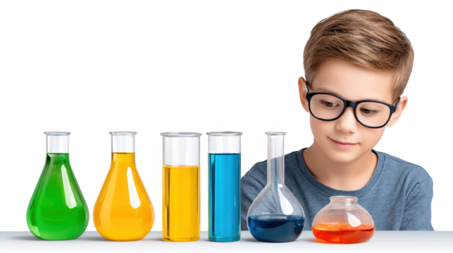 Curious boy explores chemical flasks, a journey into science and discovery for young minds