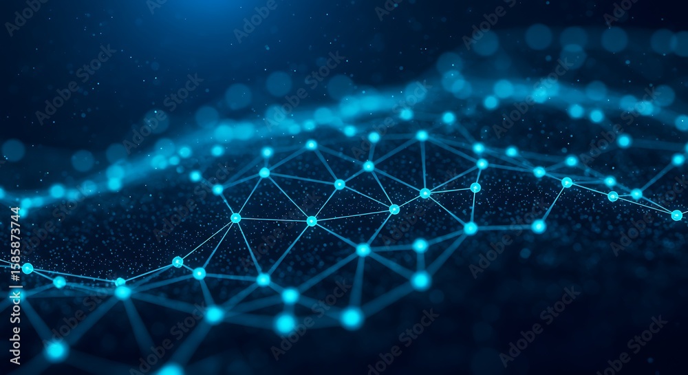 Fototapete abstract blue network of connected dots and lines on dark background