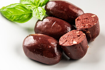 Black pudding sausage fresh delicious gourmet food background on the table rustic food top view...