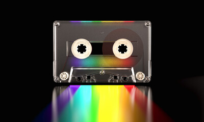 Transparent audio cassette 3d rainbow colors black backgroun