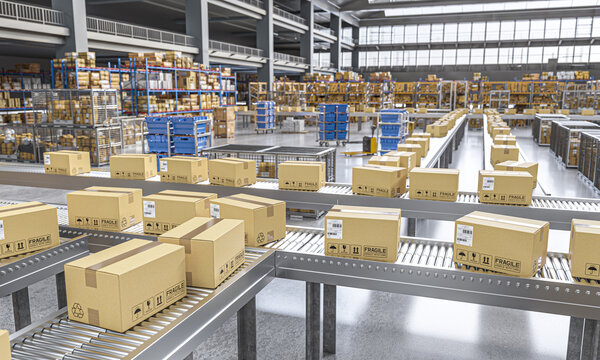automated conveyor belts in large distribution warehouse 3d
