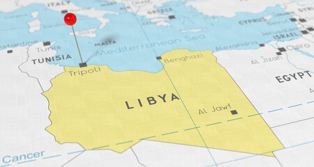 Obraz premium Libya, Tripoli - push pin on political map - 3D illustration