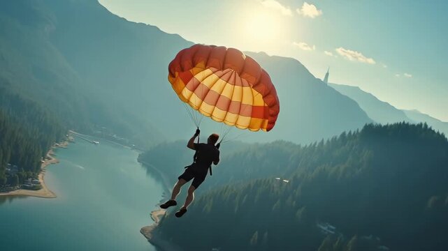 Close-up of base jumper mid-air during bridge jump with deployed parachute

