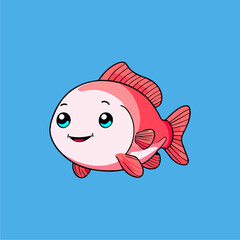 Cartoon illustration of a cute, pink goldfish with big eyes swimming in a blue background.