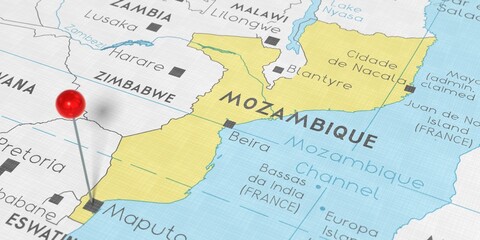 Fototapeta premium Mozambique, Maputo - push pin on political map - 3D illustration