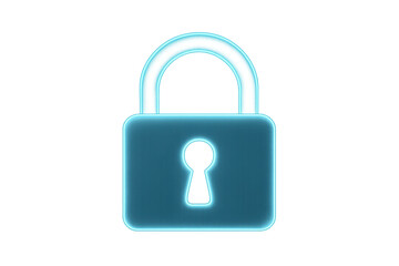 Neon glowing blue closed padlock on transparent background representing data protection