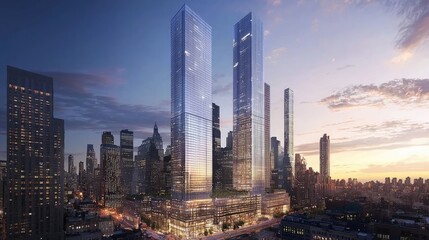 Architectural rendering of two high-rise buildings in a city skyline.