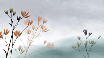 Minimalist botanical illustration featuring delicate brown and gray flowers with slender stems against a soft, muted background.