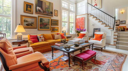 Vibrant and Artistic Living Room with Colorful Decor, Paintings, and a Cozy Sofa in a Stylish Setting

