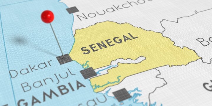 Senegal, Dakar - push pin on political map - 3D illustration