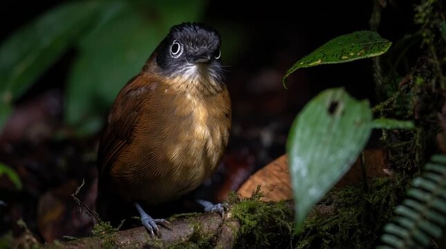 Portrait of a rare Black-faced Black Spider Monkey (Ateles chamek) on the floor of the Amazon jungle in Peru. Wildlife in its natural habitat, seen in dim, atmospheric light.

