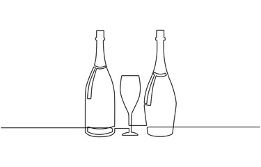 champagne bottles with cork shooting. One line drawing of an isolated vector object, Champagne explosion. Line icon with sunbursts.