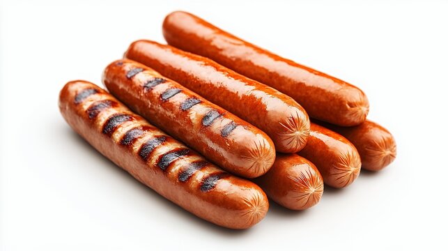 Golden Brown Grilled Sausages on White Background
