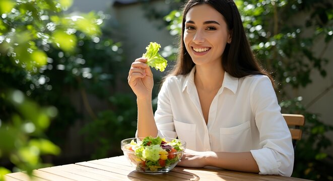 Foto disfrutando de un almuerzo de ensalada saludable