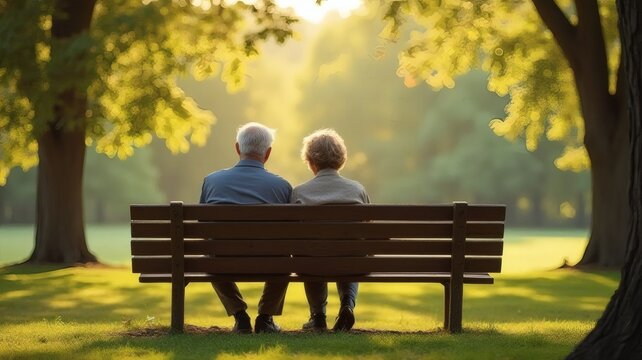Elderly Couple on Bench, Romantic Moment, Sunset Park