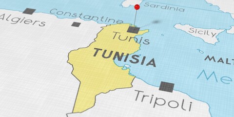 Obraz premium Tunisia, Tunis - push pin on political map - 3D illustration