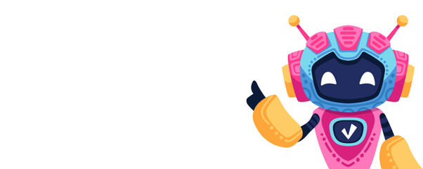 Cute artificial intelligence chat bot. Banner concept with copy space for your text, AI servers help technology. Online communication, support assistance, cartoon digital agent. Vector illustration