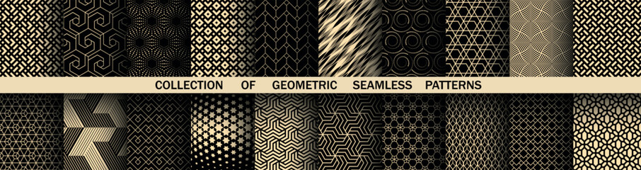 Geometric set of seamless black and golden patterns. Simple vector graphics