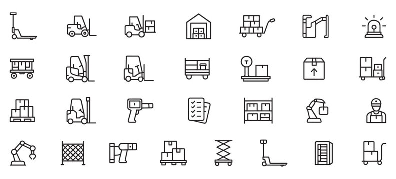 Warehouse Operations & Equipment Line Icons Pack – Unique Vector Symbols for Logistics, Storage, Material Handling, Forklifts, Pallet Jacks, and Inventory Management