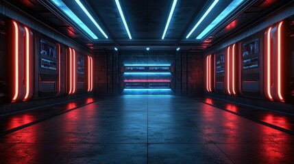 Futuristic corridor lit by vibrant neon lights