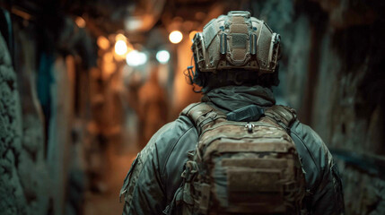 A soldier wearing a tactical helmet and body armor walks through a narrow illuminated tunnel, seen from behind in subdued light.
