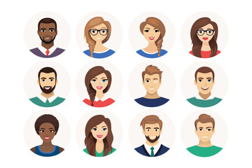 Diverse Avatars: A collection of twelve vibrant and stylized avatar illustrations, showcasing a spectrum of ethnicities and hairstyles, perfect for digital representation. 