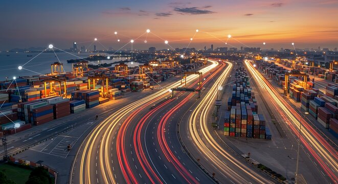Shipping Port at Dusk with Light Trails and Digital Network Overlay