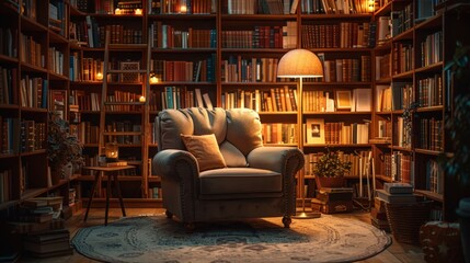 A comfortable leather armchair sits in a cozy, wood-paneled home library, surrounded by floor-to-ceiling bookshelves. A warm lamp and an ornate rug create a tranquil atmosphere for reading and study