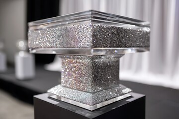 A crystal glass podium sparkling with a diamond background, emphasizing luxury and elegance for a high-end event display.