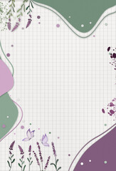  Floral summer framework invitation , presentation, greeting template with lavender flowers math graph background sheet .free copy space.