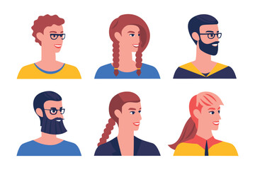 Profile Portraits of Diverse Individuals: This artistic illustration showcases six unique profiles, each a distinctive portrayal of individuality, creativity, and personal style. The individuals.