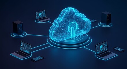 Cloud computing concept with laptops servers and mobile devices connected