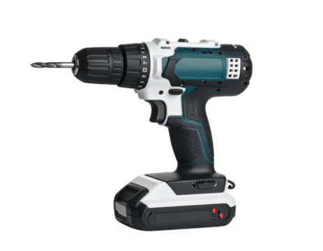 Cordless drill driver with lithium battery pack and drill bit attached on transparent background