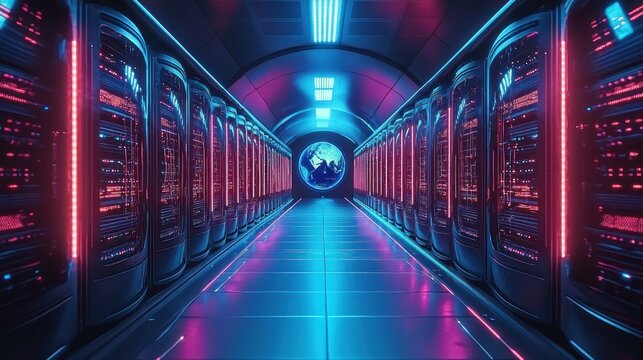 Futuristic server room tunnel, glowing with vibrant neon lights - Powered by Adobe