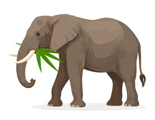 Fototapeta premium African elephant eating green leaves with tusks and trunk in natural feeding pose