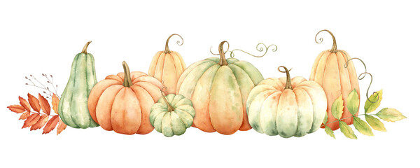 Fall border with orange,green pumpkins. Watercolor illustration isolated on white background.
