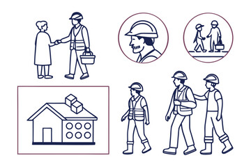 Construction workers and building icons icon png