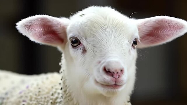 Close Up Portrait of Fluffy White Lamb with Detailed Facial Features Against a Blurred Brown Backdrop