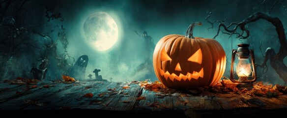 Naklejka premium The glowing jack-o'-lantern amidst a haunting Halloween landscape.