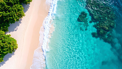 Turquoise ocean waves meet a white sand beach paradise