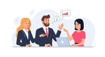 An engaging illustration depicts a diverse business team collaborating on new ideas and analyzing growth strategies during a productive meeting.
