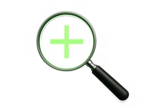 Magnifying glass showing green plus sign on transparent background