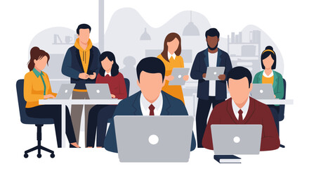 A diverse group of professionals collaborate in a modern office setting, utilizing laptops and tablets to achieve their business goals with teamwork and innovation.