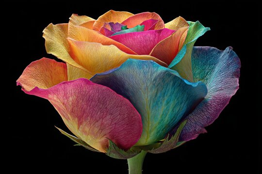 A close up macro shot of a vibrant rainbow rose with petals in multiple colors against a black background